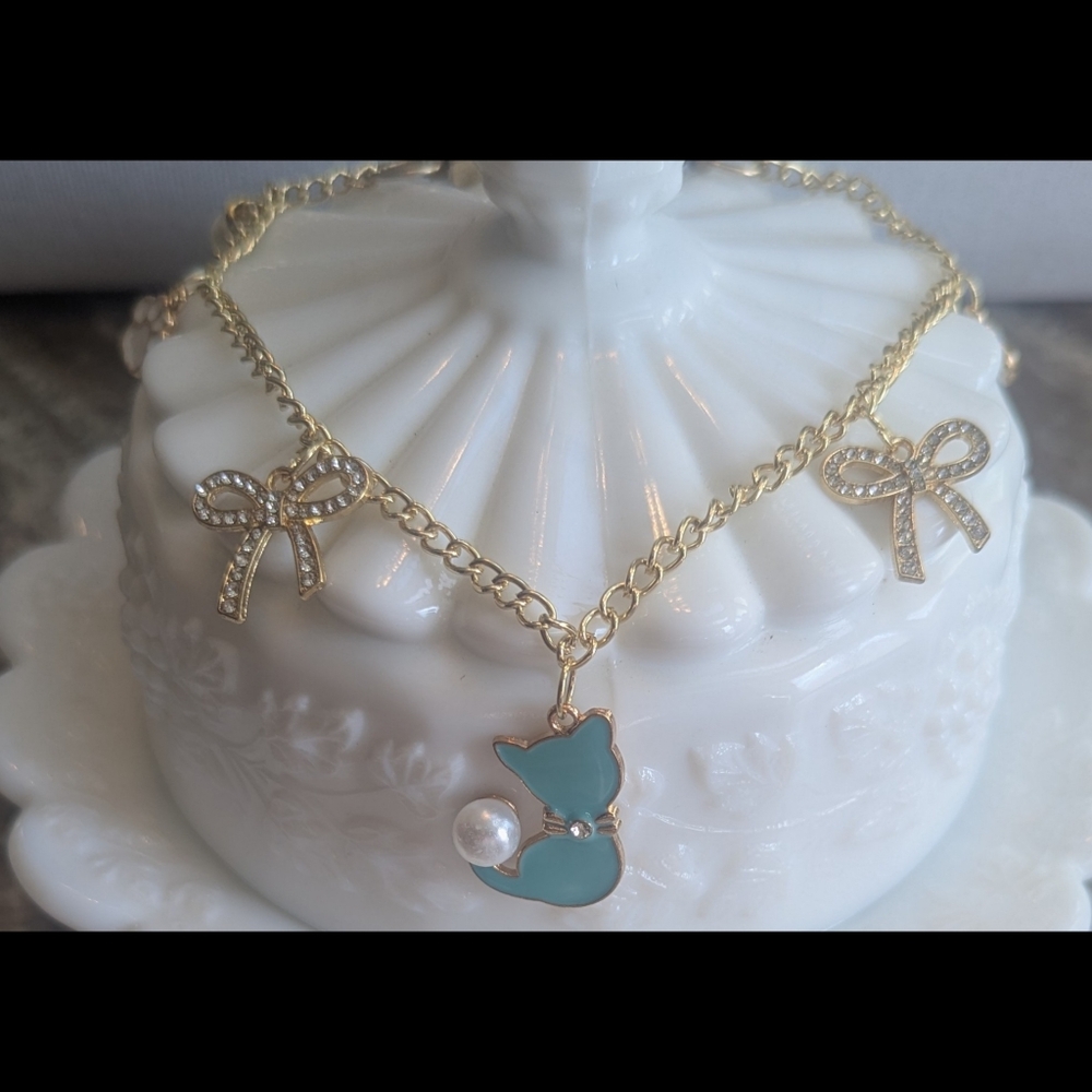 Gold Purse Chain Kitty Cat Pearl & Rhinestone Handbag Jewelry Bag Chain - Picture 2 of 4